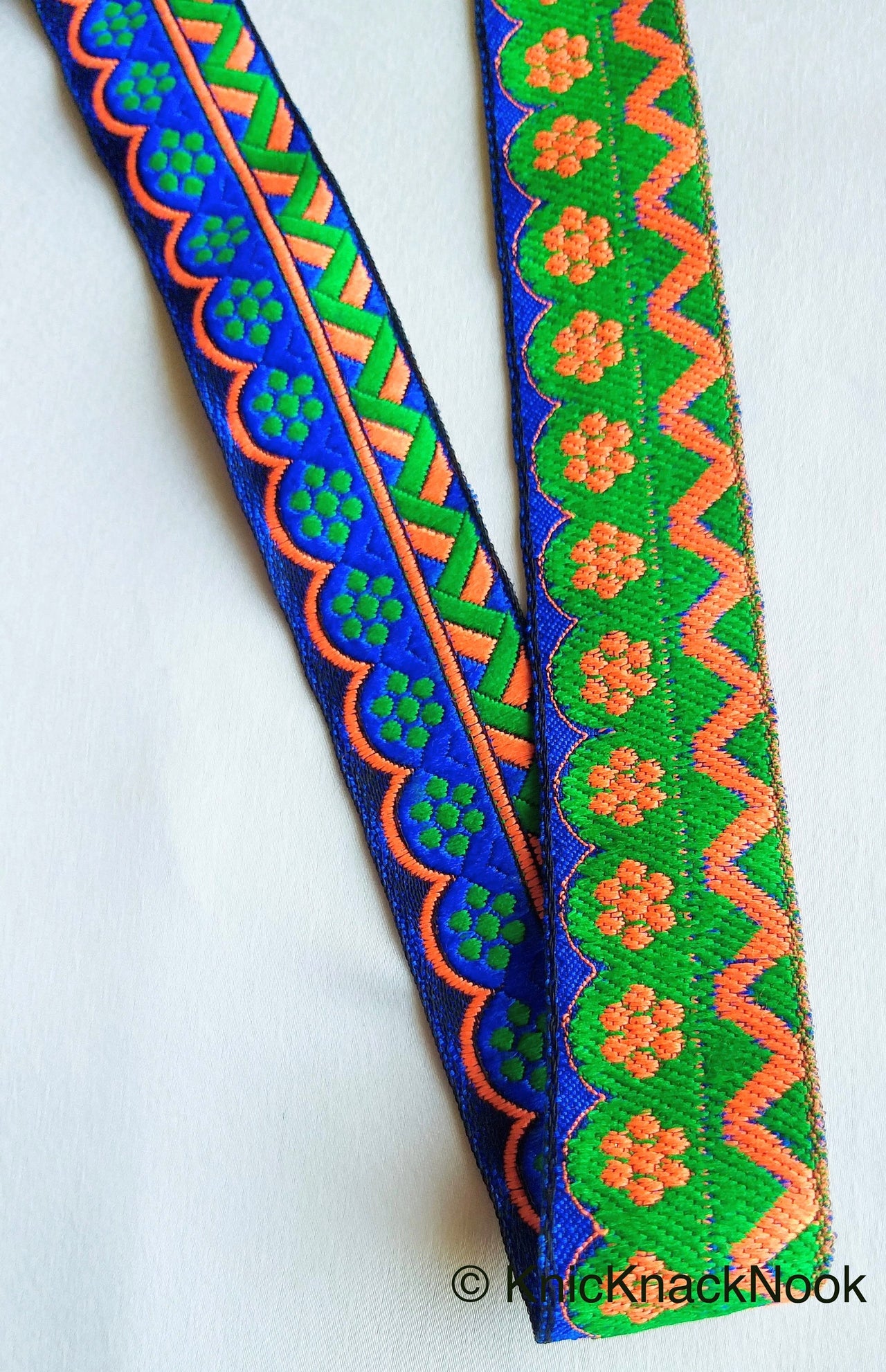 Blue, Green And Orange Trim With Floral Embroidery, Approx. 32mm Wide - 210119L59