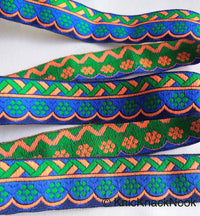 Thumbnail for Blue, Green And Orange Trim With Floral Embroidery, Approx. 32mm Wide - 210119L59