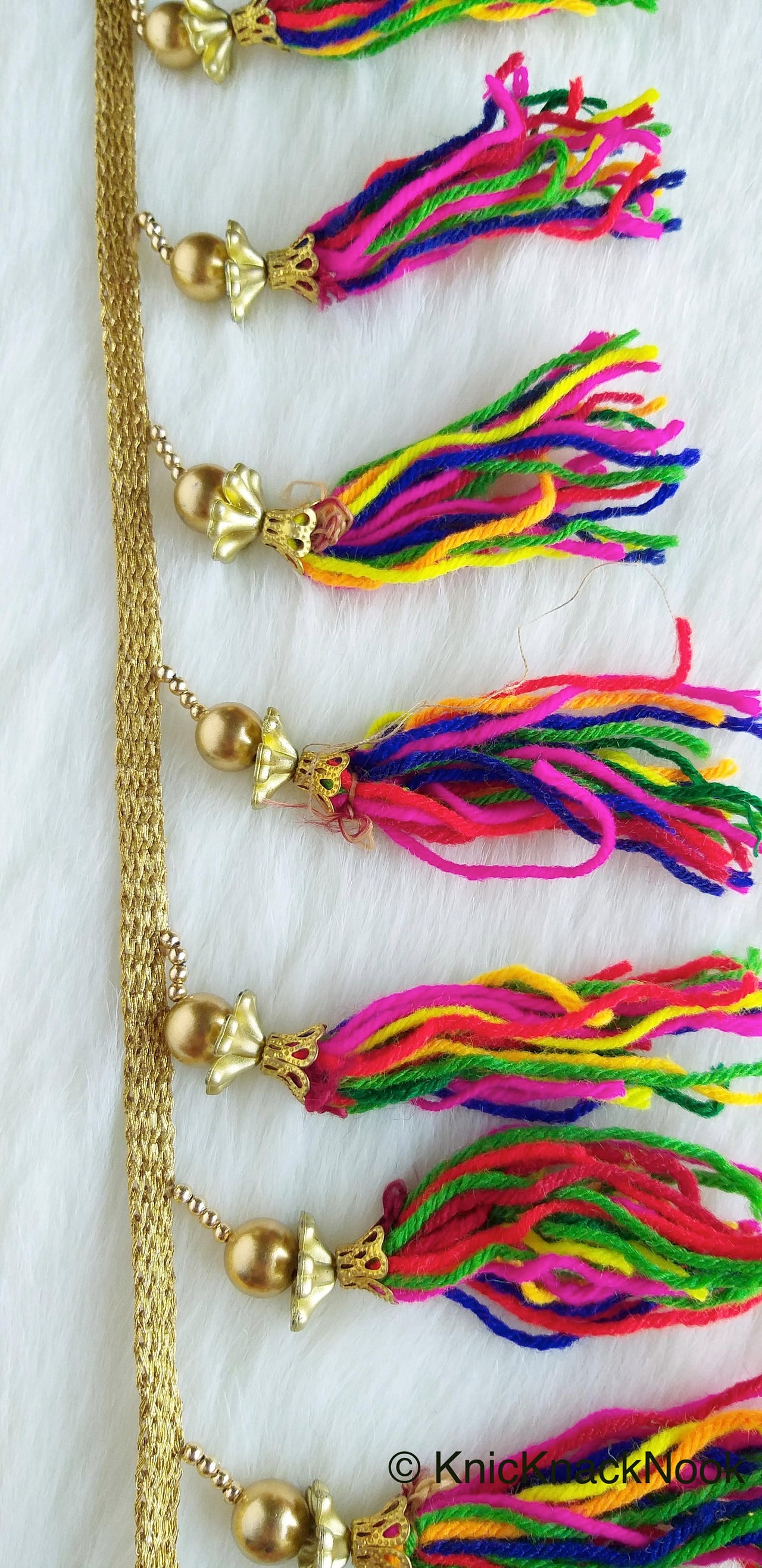 Multicoloured Tassels With Gold Beads, Antique Gold Fringe Trim
