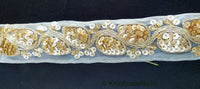 Thumbnail for Light Beige Art Silk Fabric Trim With Gold Embroidery and Gold Sequins, Approx. 41mm Wide - 210119L171