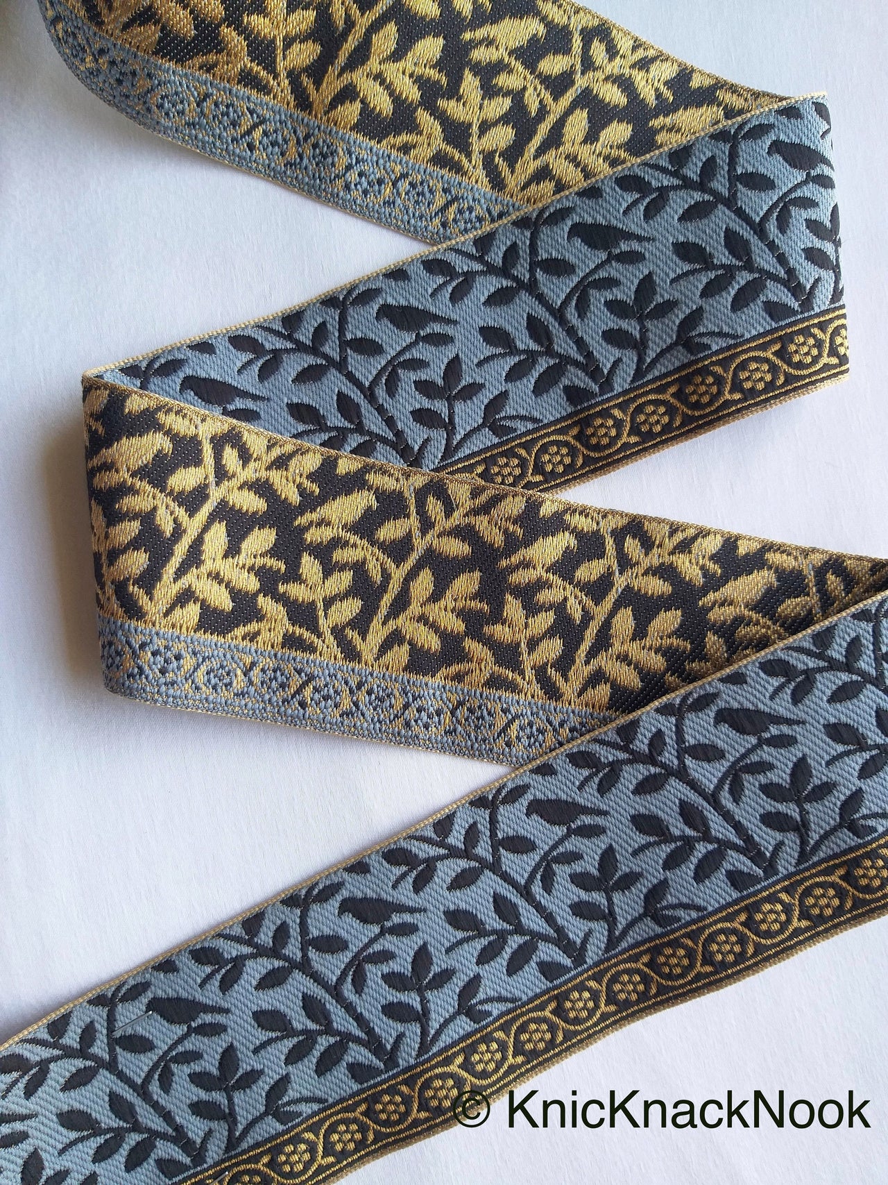 Grey / Red, Black And Gold Embroidered FloralTrim With Leaves, Approx. 56mm wide - 210119L37/38