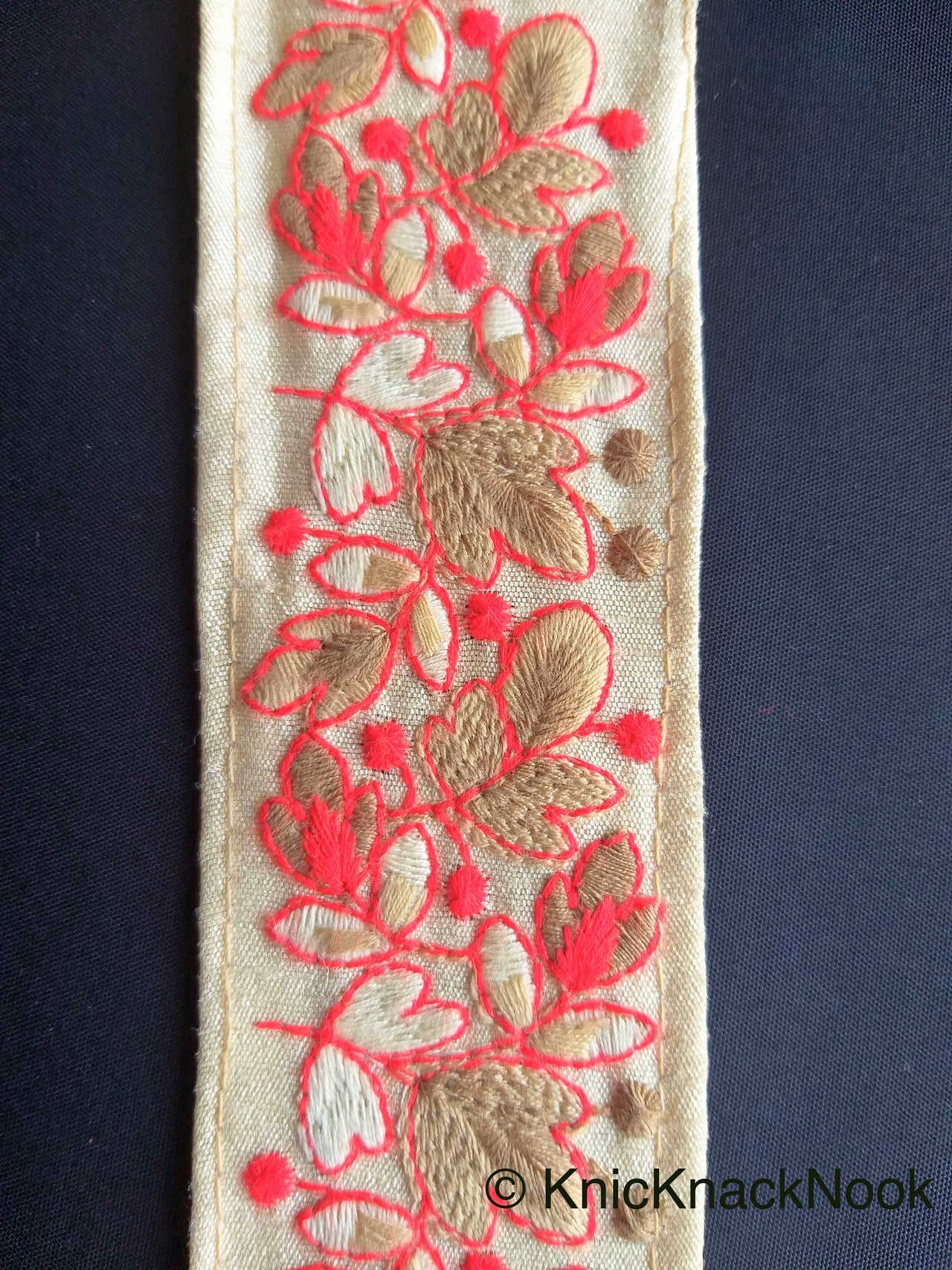 Beige Fabric Trim, Floral Embroidery in Red And Beige / Green And Yellow, Approx. 45mm- 210119L39/40Trim