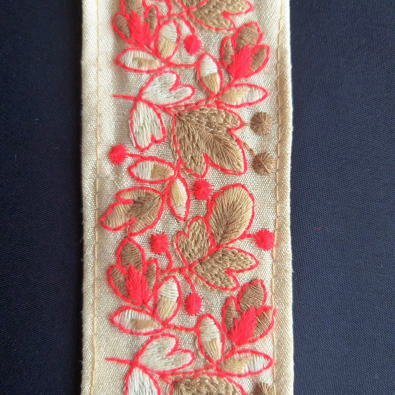 Beige Fabric Trim, Floral Embroidery in Red And Beige / Green And Yellow, Approx. 45mm- 210119L39/40