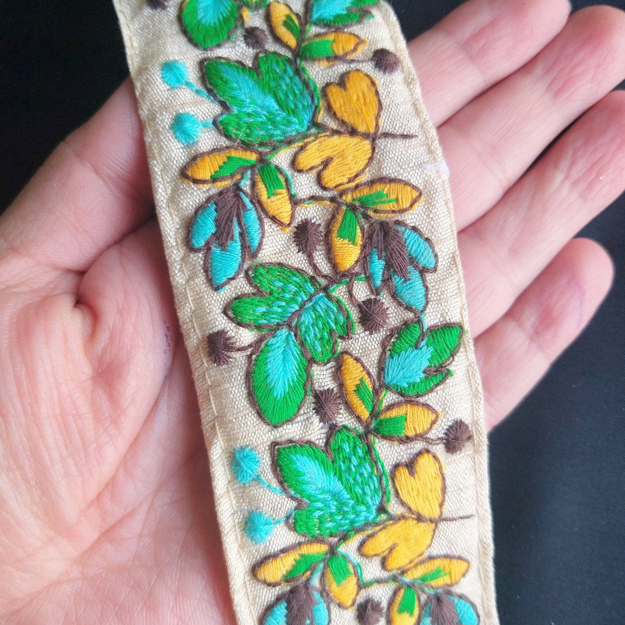 Beige Fabric Trim, Floral Embroidery in Red And Beige / Green And Yellow, Approx. 45mm- 210119L39/40