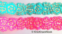 Thumbnail for Gold Tissue Fabric Trim With Embroidered Green / Pink Floral Embroidery, Embellished With Gold Beads, Approx. 55 mm Wide - 210119L72/73
