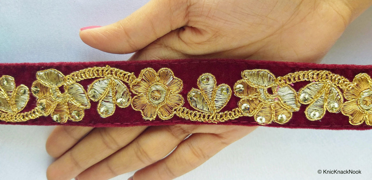 Burgundy / Green, Velvet Fabric Trim With Copper, Bronze & Gold Embroidery And Sequins, Approx 32mm Wide - 210119L92/93Trim