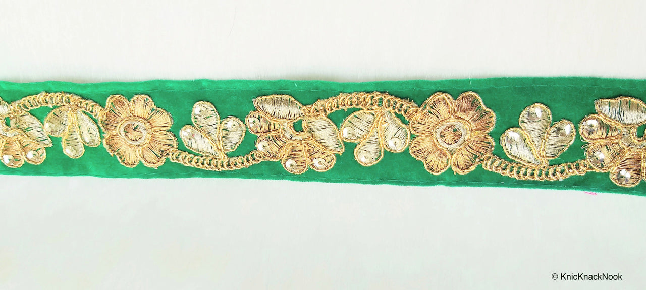 Burgundy / Green, Velvet Fabric Trim With Copper, Bronze & Gold Embroidery And Sequins