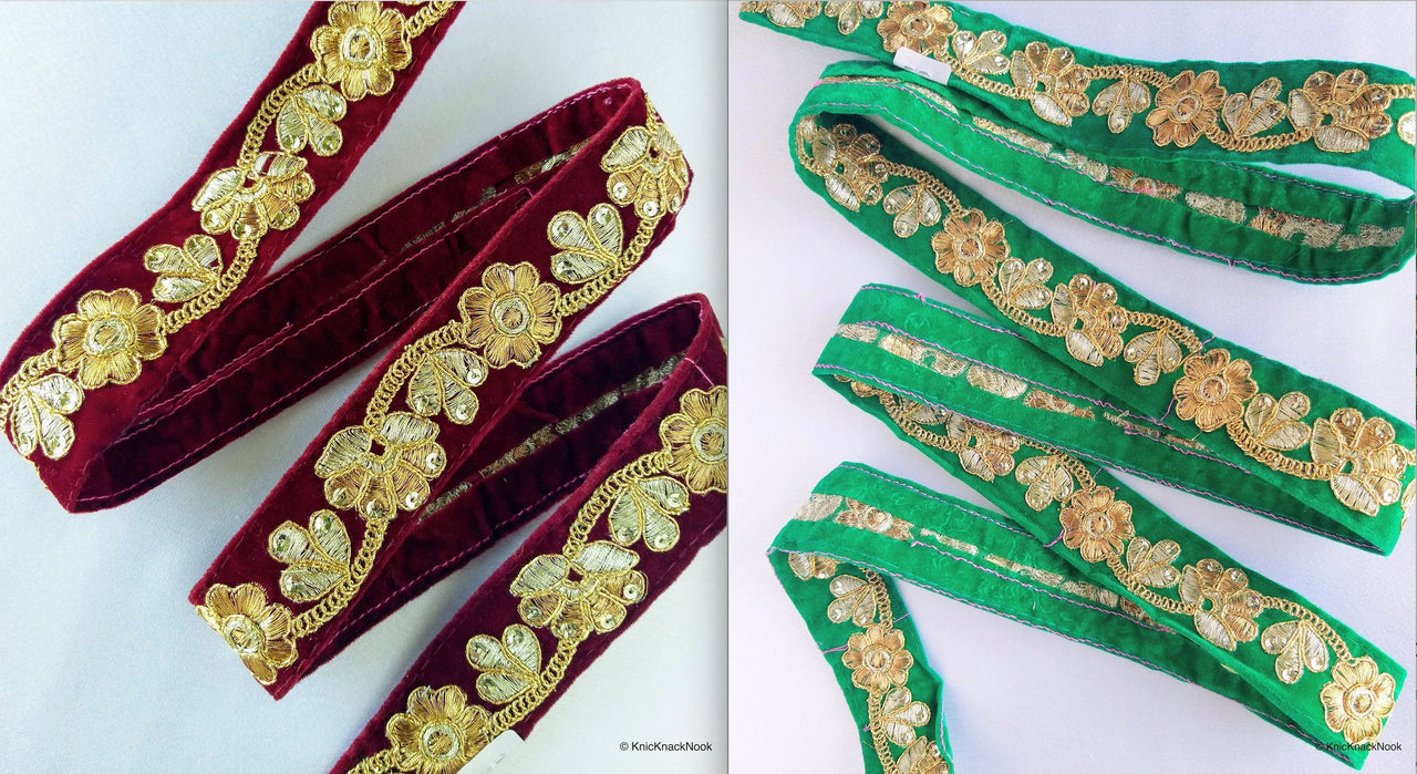Burgundy / Green, Velvet Fabric Trim With Copper, Bronze & Gold Embroidery And Sequins