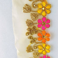 Thumbnail for Gold Sheer Tissue Fabric Trim With Embroidered Pink, Yellow, Orange & Gold Flowers