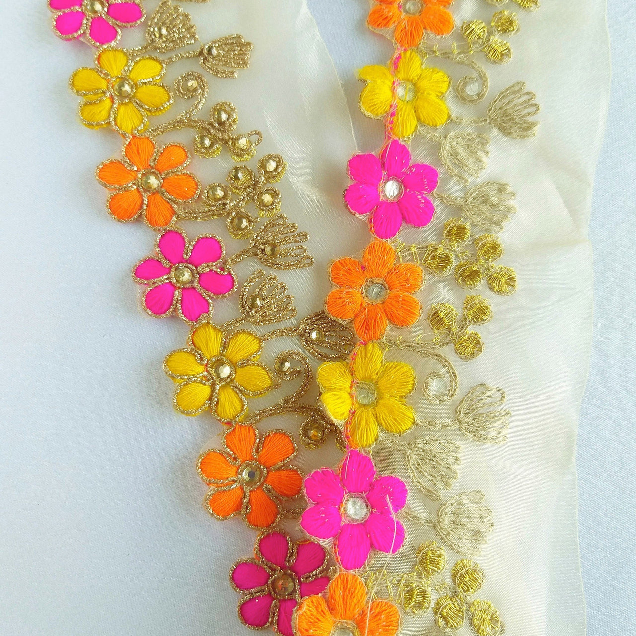 Gold Sheer Tissue Fabric Trim With Embroidered Pink, Yellow, Orange & Gold Flowers