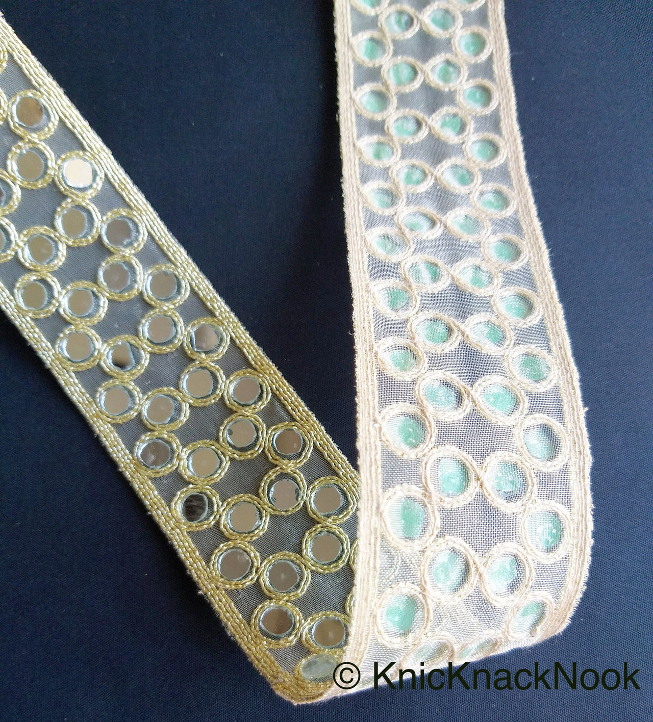 Gold Sheer Fabric Lace Trim With Gold Embroidery And Mirror Embellishments, Wedding Trims, Indian  - 210119L16