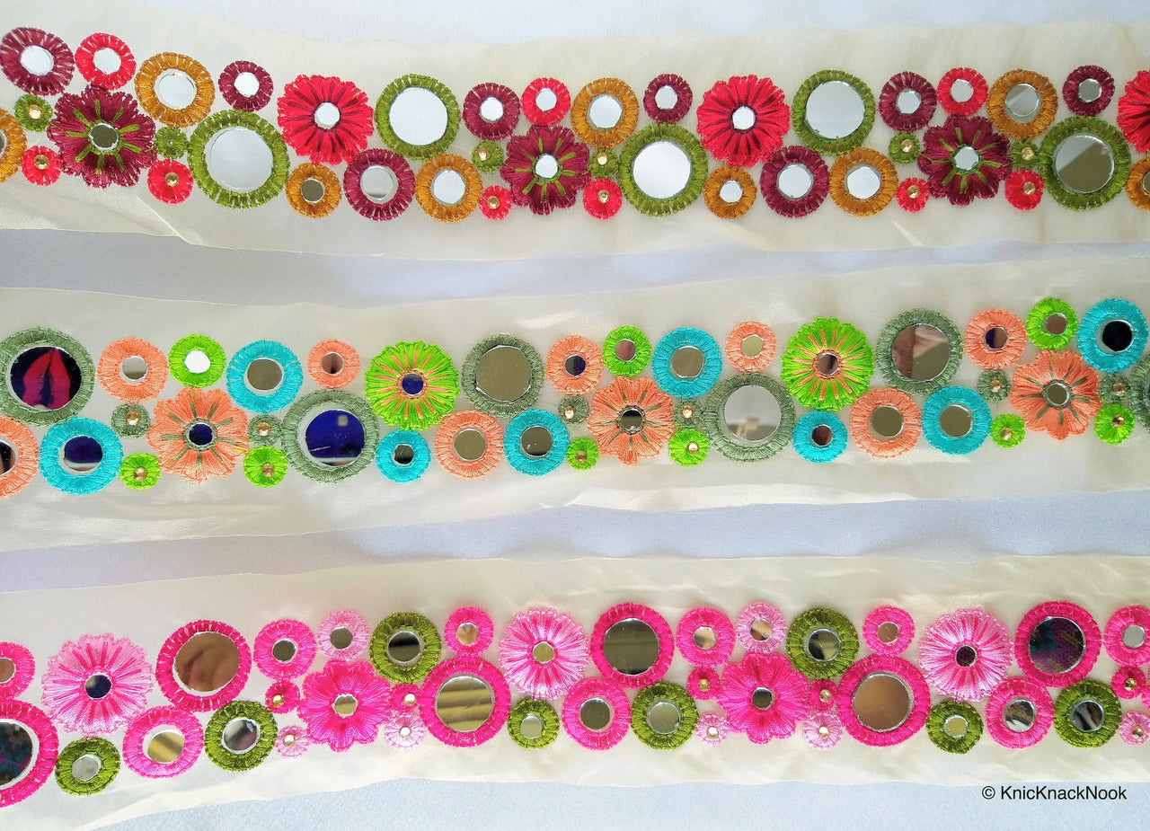 Gold Sheer Tissue Fabric Trim With Red / Pink / Coral And Green Circles and Floral Embroidery With Mirror Embellishments, Approx. 65mm