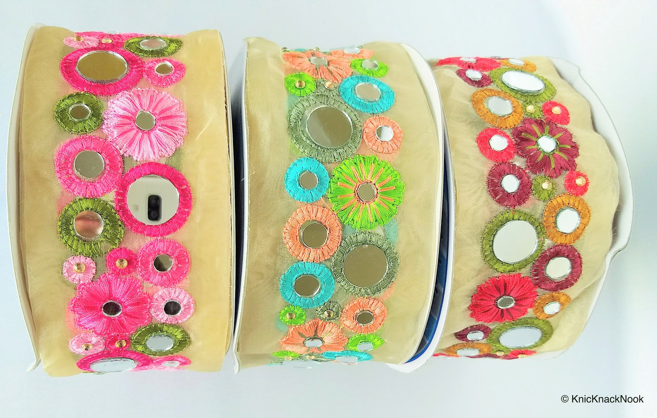 Gold Sheer Tissue Fabric Trim With Red / Pink / Coral And Green Circles and Floral Embroidery With Mirror Embellishments, Approx. 65mmTrim