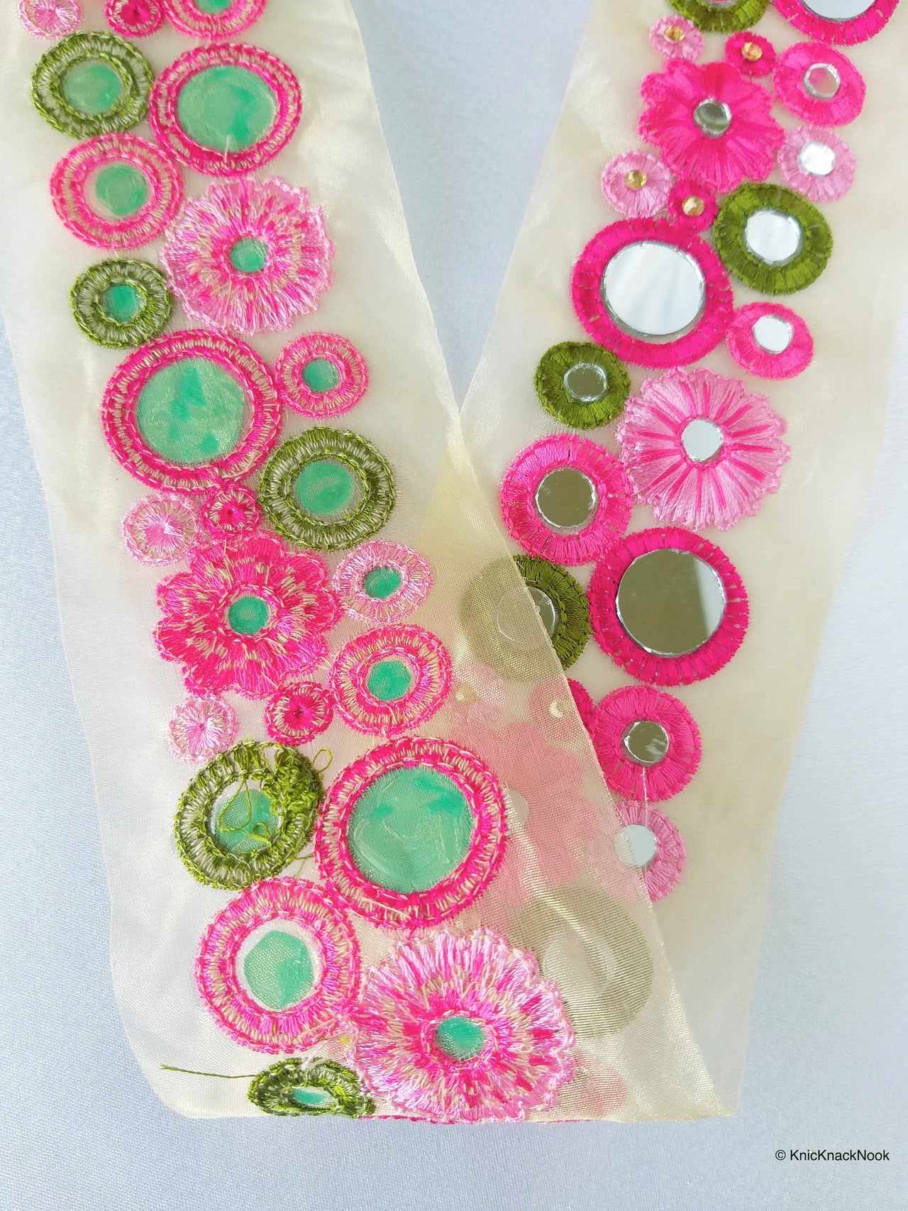 Gold Sheer Tissue Fabric Trim With Red / Pink / Coral And Green Circles and Floral Embroidery With Mirror Embellishments, Approx. 65mm