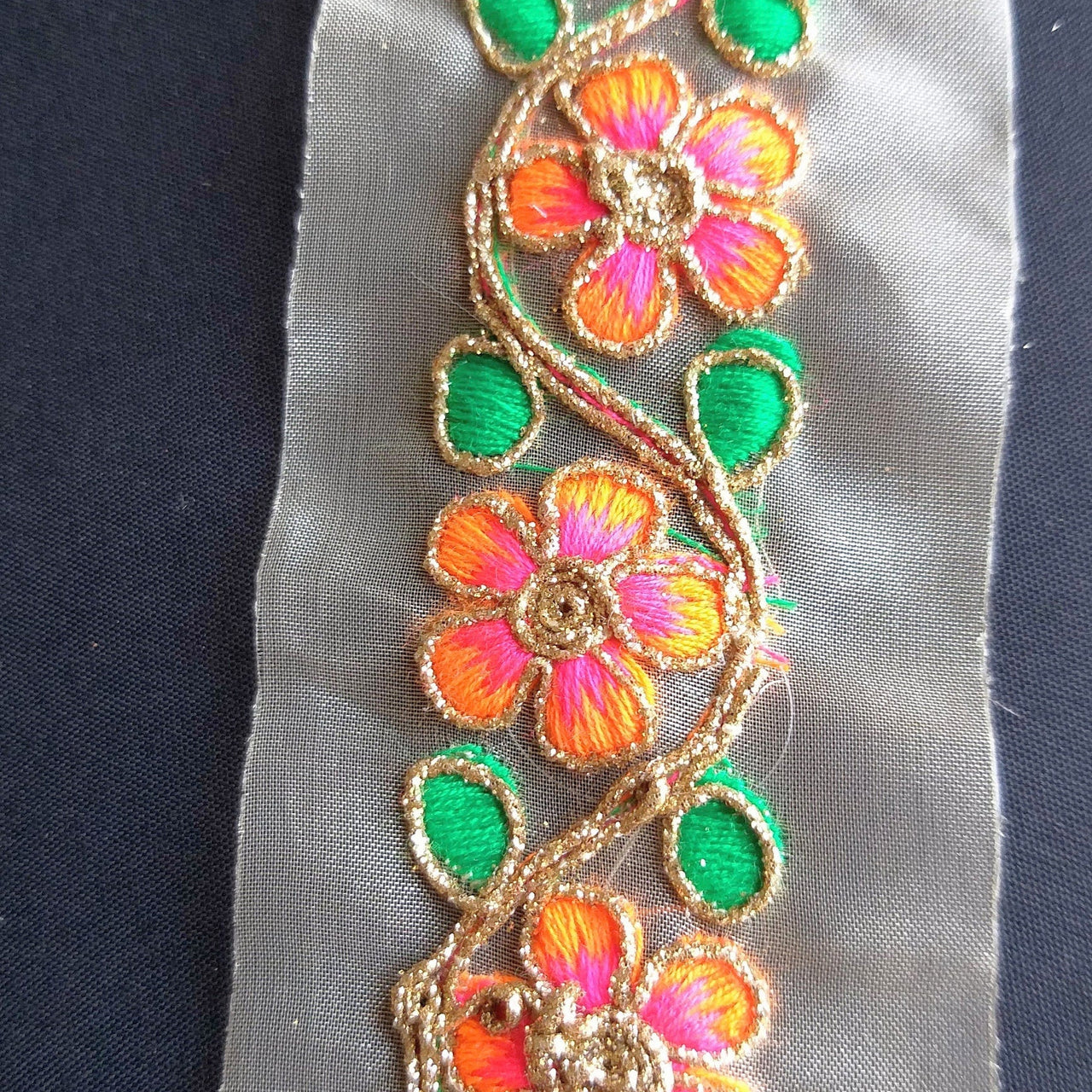 Gold Sheer Tissue Fabric Trim With Embroidered Pink / Blue, Orange, Green & Gold Flowers