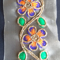 Thumbnail for Gold Sheer Tissue Fabric Trim With Embroidered Pink / Blue, Orange, Green & Gold Flowers