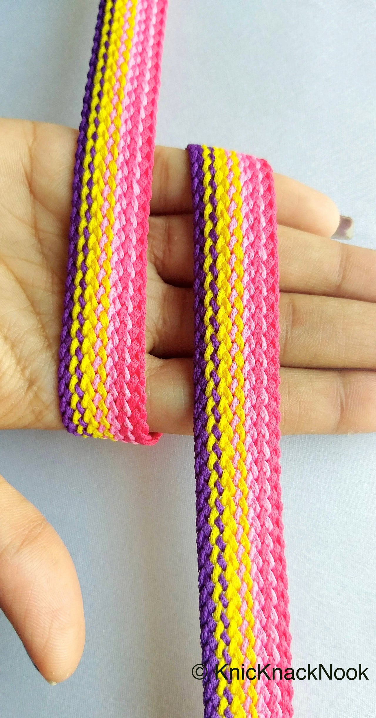 Pink, Yellow And Purple Thread Lace Trim, Basket Weave