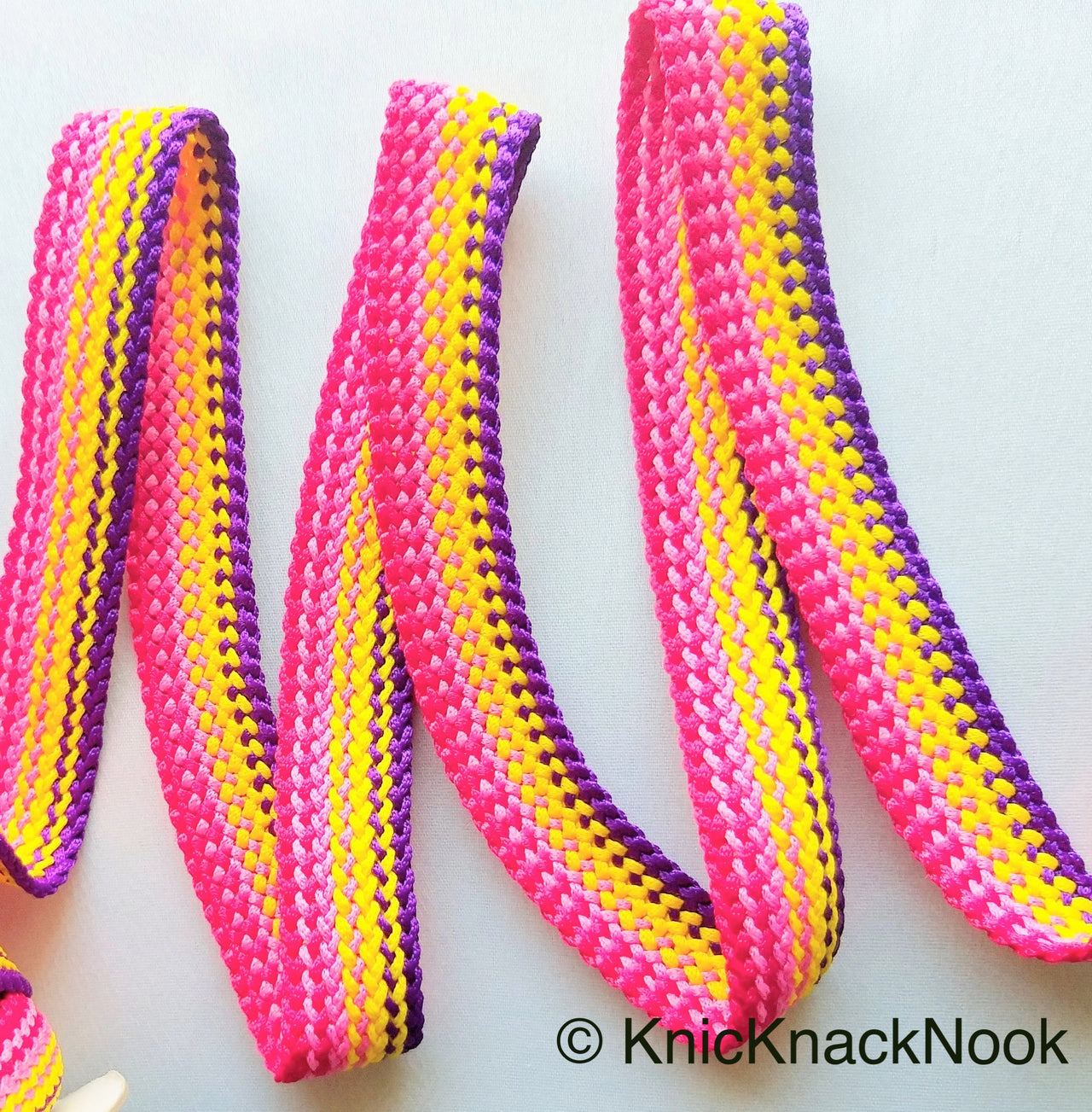 Pink, Yellow And Purple Thread Lace Trim, Basket Weave