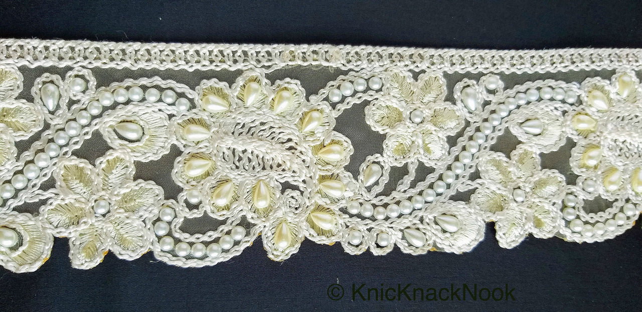 Gold Sheer Fabric Trim With Beige Floral Embroidery And Off White Pearl, Scallops Wedding Trim, Bridal Trim