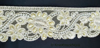 Thumbnail for Gold Sheer Fabric Trim With Beige Floral Embroidery And Off White Pearl, Scallops Wedding Trim, Bridal Trim