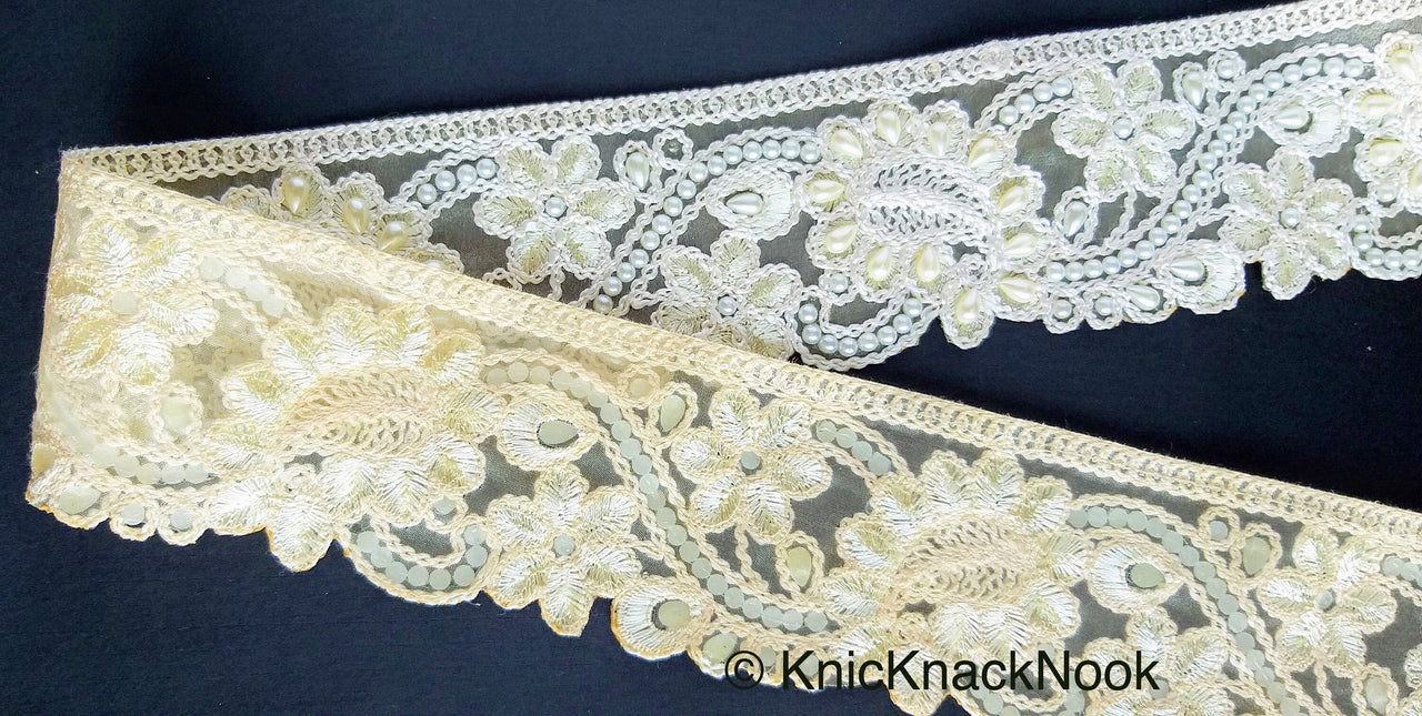 Gold Sheer Fabric Trim With Beige Floral Embroidery And Off White Pearl, Scallops Wedding Trim, Bridal Trim