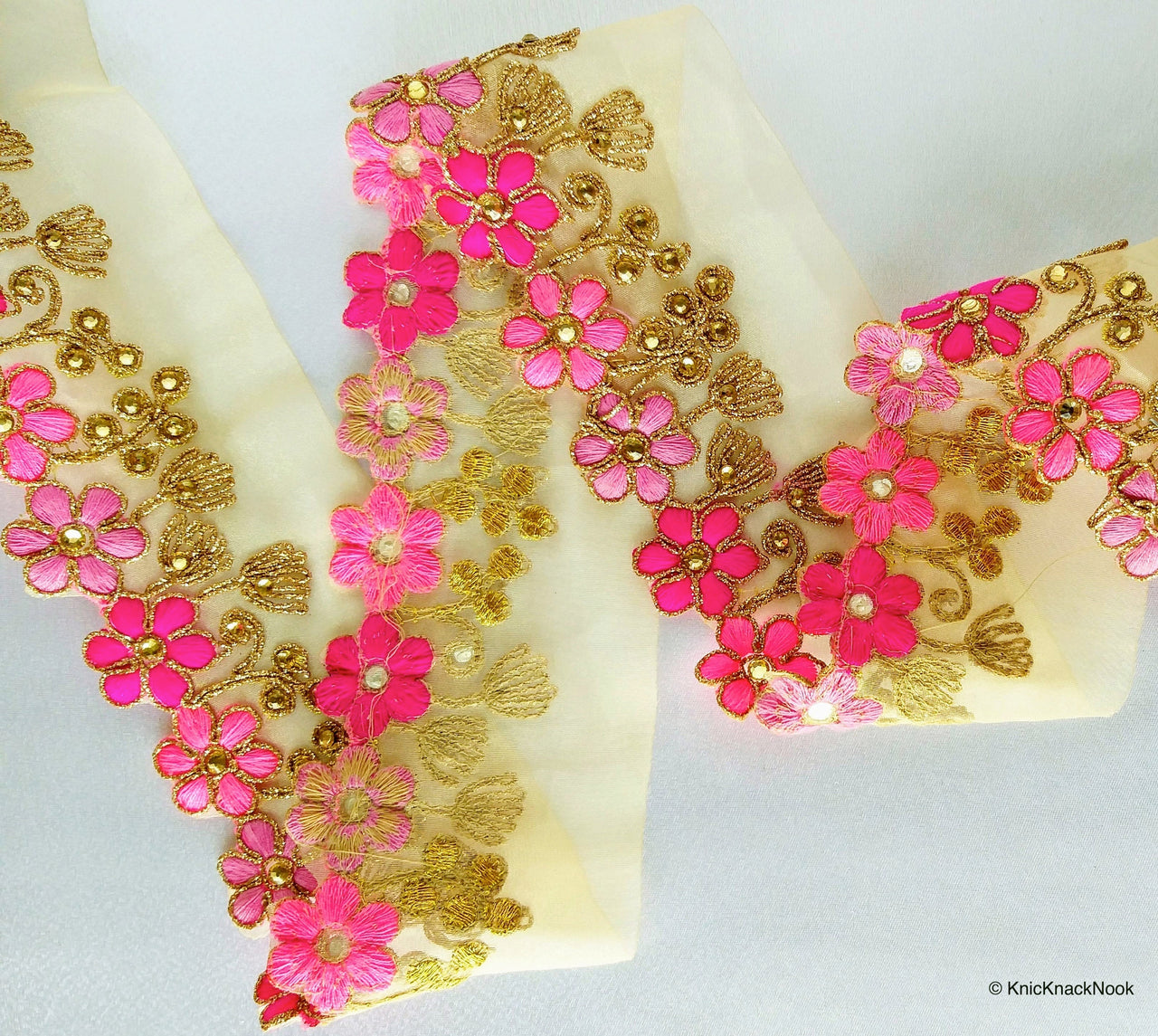 Gold Sheer Tissue Fabric Trim With Embroidered Pink & Gold Flowers, Embellished With Beads, Approx. 65 mm Wide - 210119L102