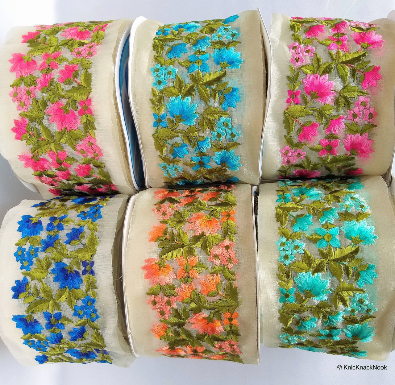 Gold Sheer Tissue Fabric Trim With Embroidered Turquoise / Red / Dark Blue / Pink / Blue / Orange & Green Flowers,