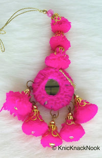 Thumbnail for Fuchsia Pink / Blue/ Black Pom-Pom Tassel, Dangles with Mirror, Keyring, Pompom Latkan