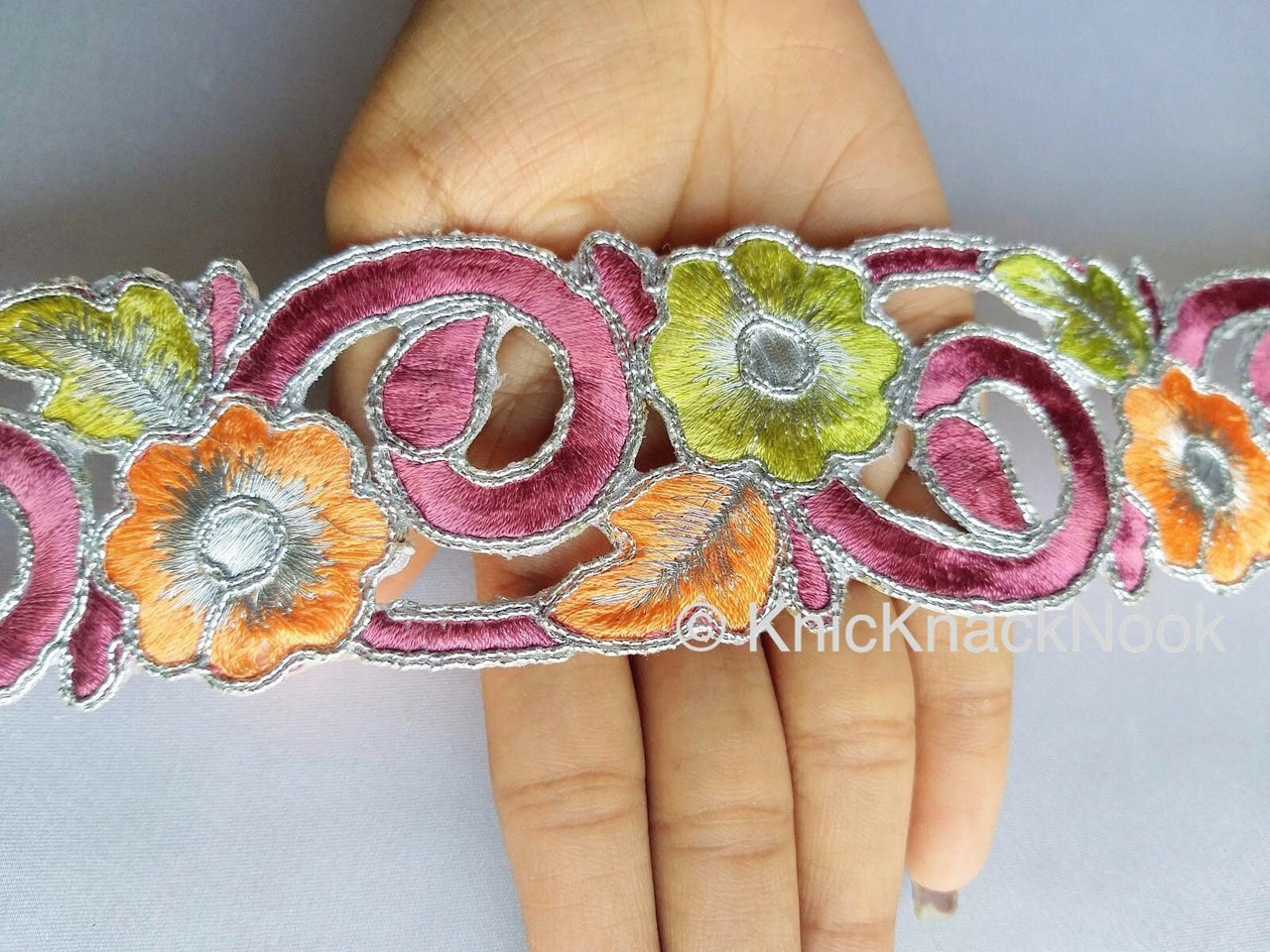 Orange, Purple, Green And Silver Floral Embroidery Trim