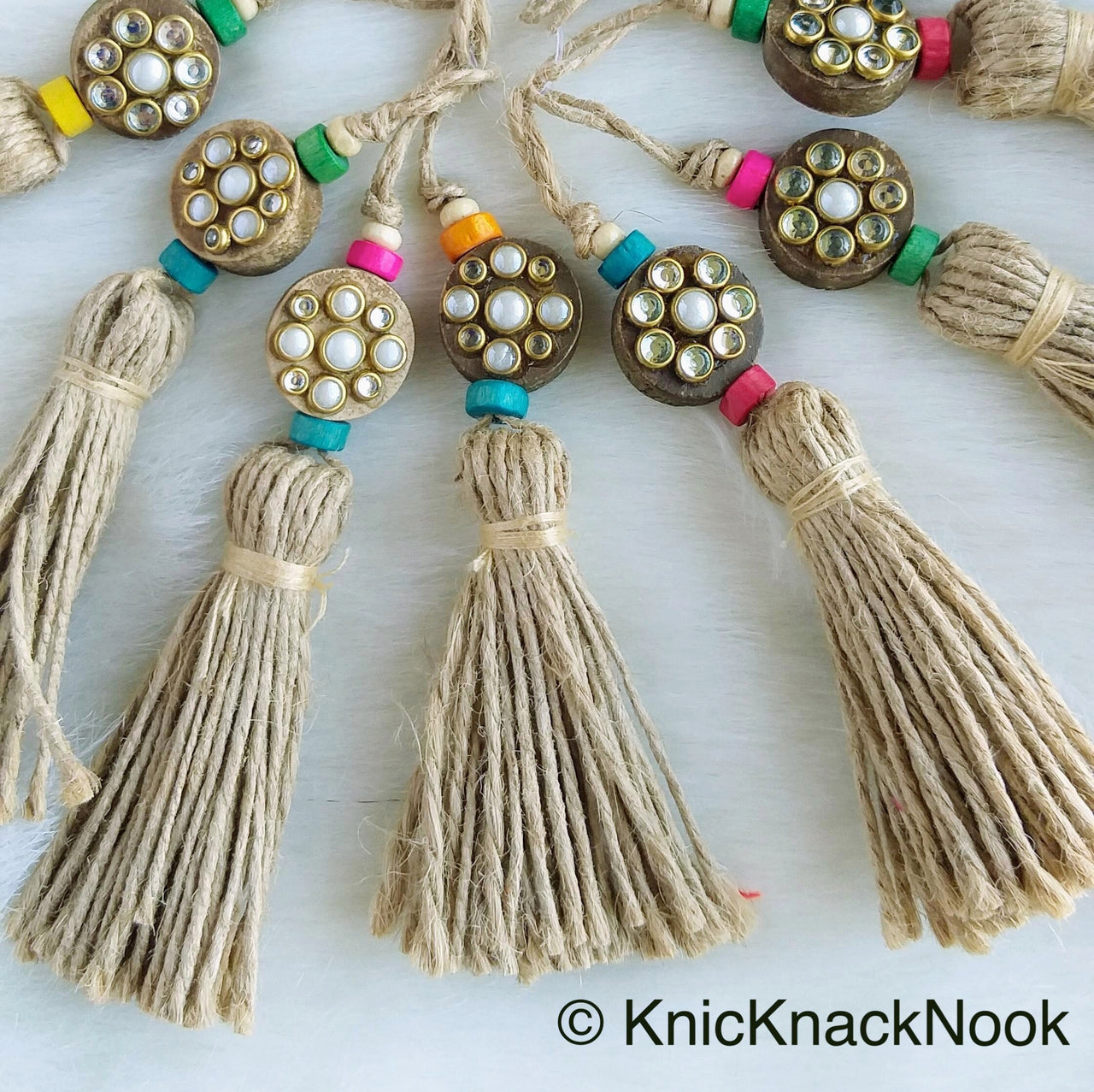 Twine Brown Tassels With Kundan Stone, Embellished Wooden Button, Tassel Charms