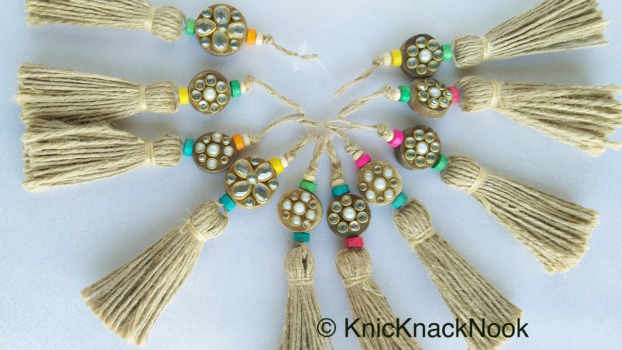 Twine Brown Tassels With Kundan Stone, Embellished Wooden Button, Tassel Charms