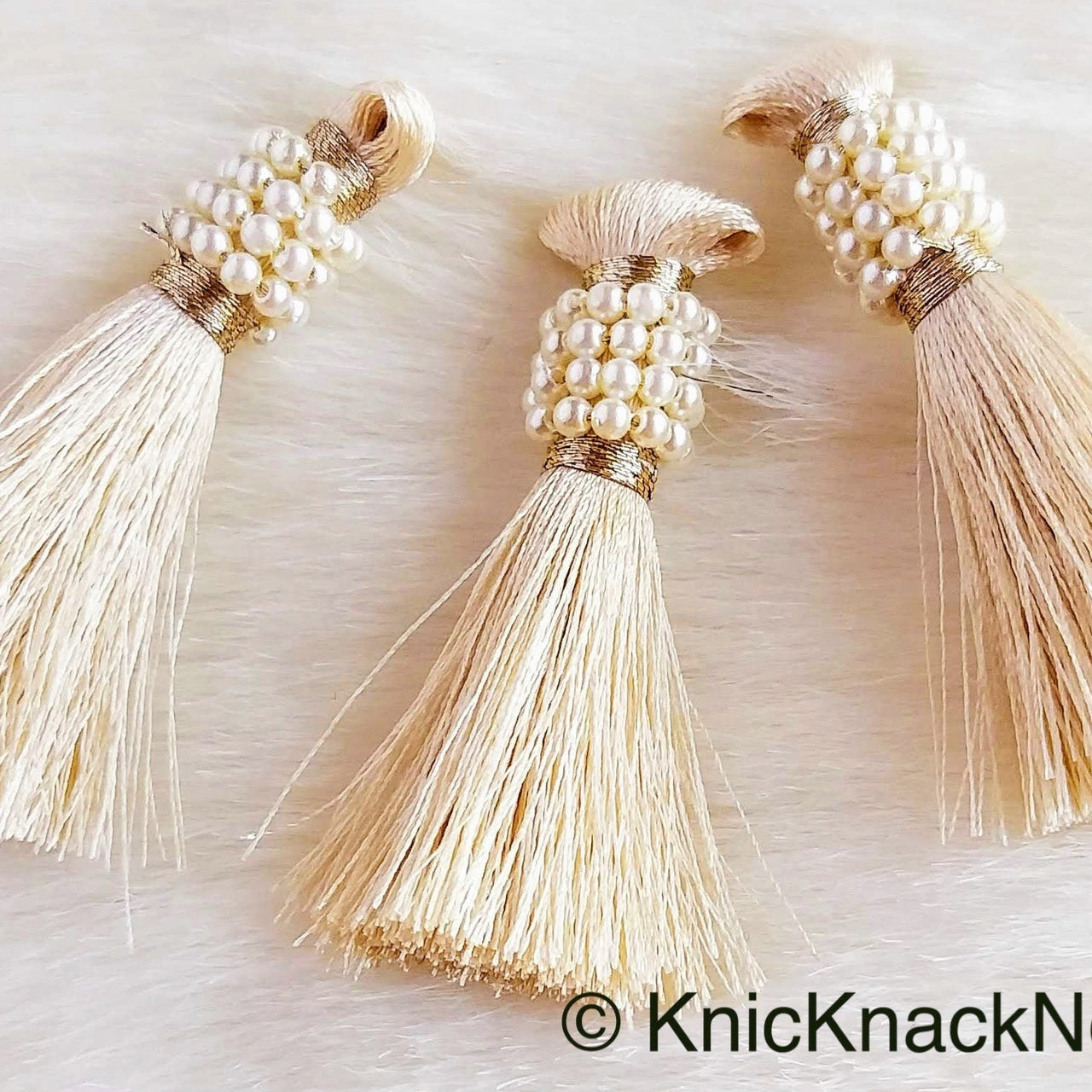 Various Colours Tassels With White Pearls Beads, Tassel Charms, Nylon Tassels x 6