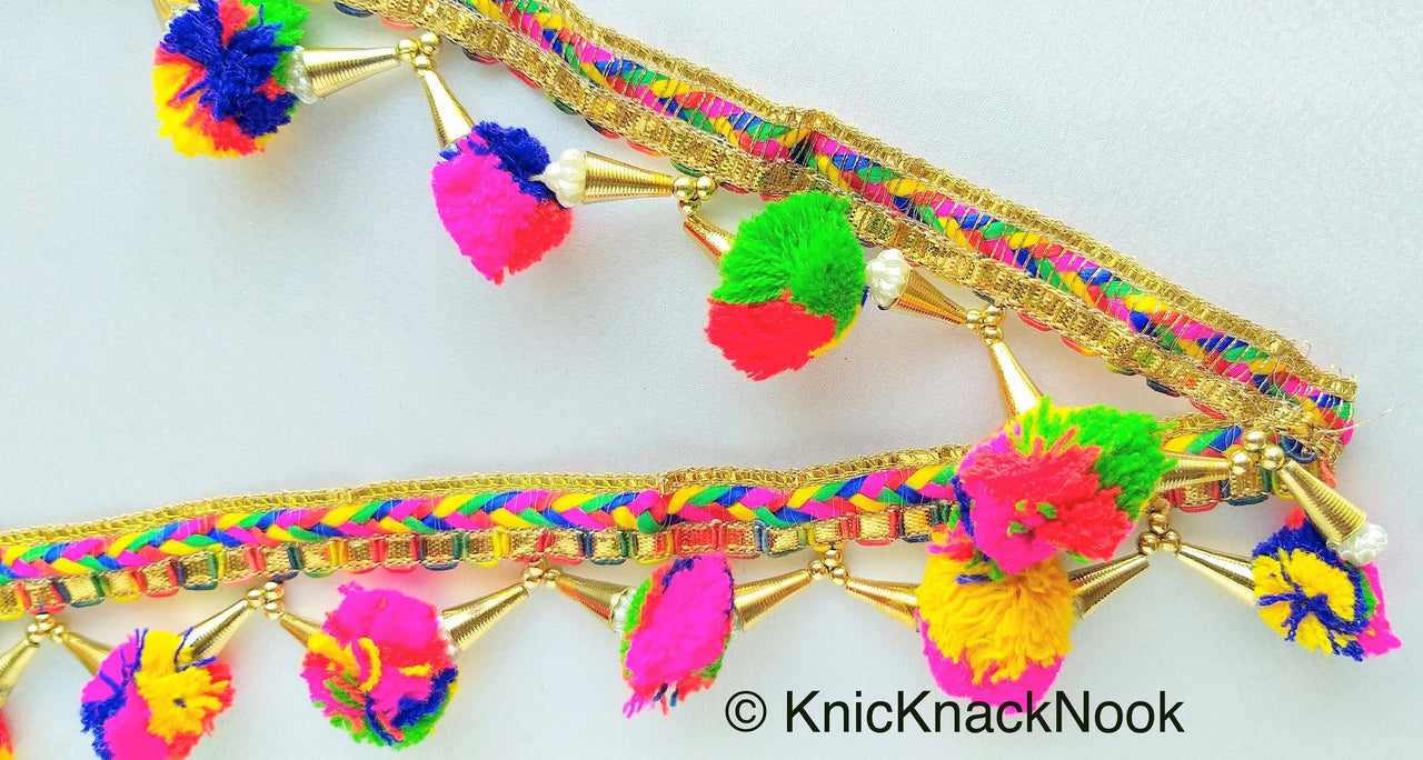 Multicoloured Pom Pom Trim With Gold Conical Cap and White Cluster Beads, Approx. 50mm Wide - 210119L362