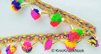 Thumbnail for Multicoloured Pom Pom Trim With Gold Conical Cap and White Cluster Beads, Approx. 50mm Wide - 210119L362
