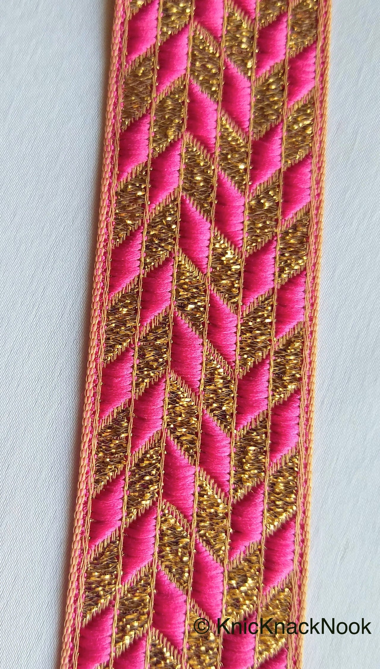 Pink And Gold Embroidered Trim, Geometric Pattern, Approx. 32mm wide - 200317L45