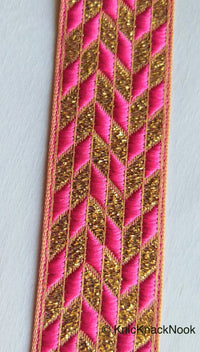 Thumbnail for Pink And Gold Embroidered Trim, Geometric Pattern, Approx. 32mm wide - 200317L45