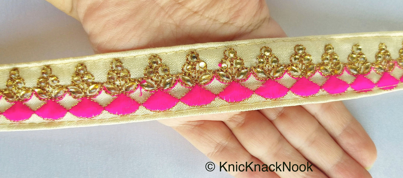 Beige Fabric Trim With Gold And Fuchsia Pink / Royal Blue Embroidery, Kundan Work Embellishments - 200317L144 / 145Trim
