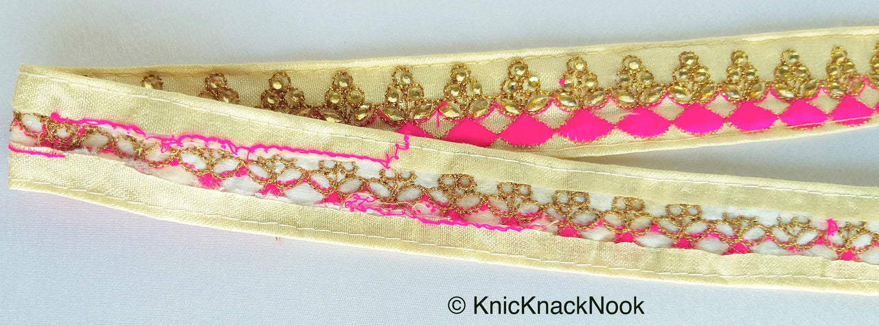 Beige Fabric Trim With Gold And Fuchsia Pink / Royal Blue Embroidery, Kundan Work Embellishments - 200317L144 / 145Trim