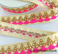 Thumbnail for Beige Fabric Trim With Gold And Fuchsia Pink / Royal Blue Embroidery, Kundan Work Embellishments - 200317L144 / 145