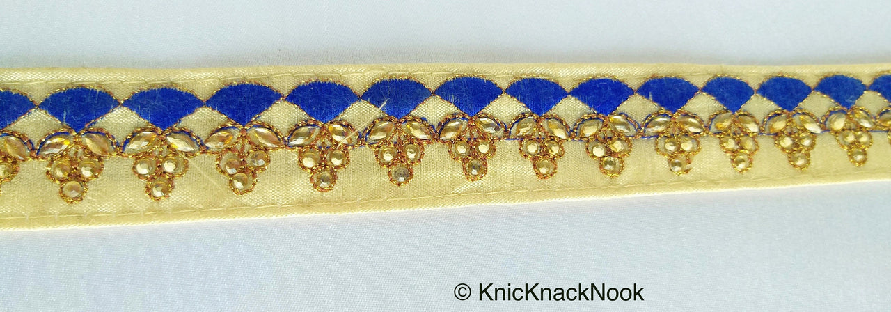 Beige Fabric Trim With Gold And Fuchsia Pink / Royal Blue Embroidery, Kundan Work Embellishments - 200317L144 / 145