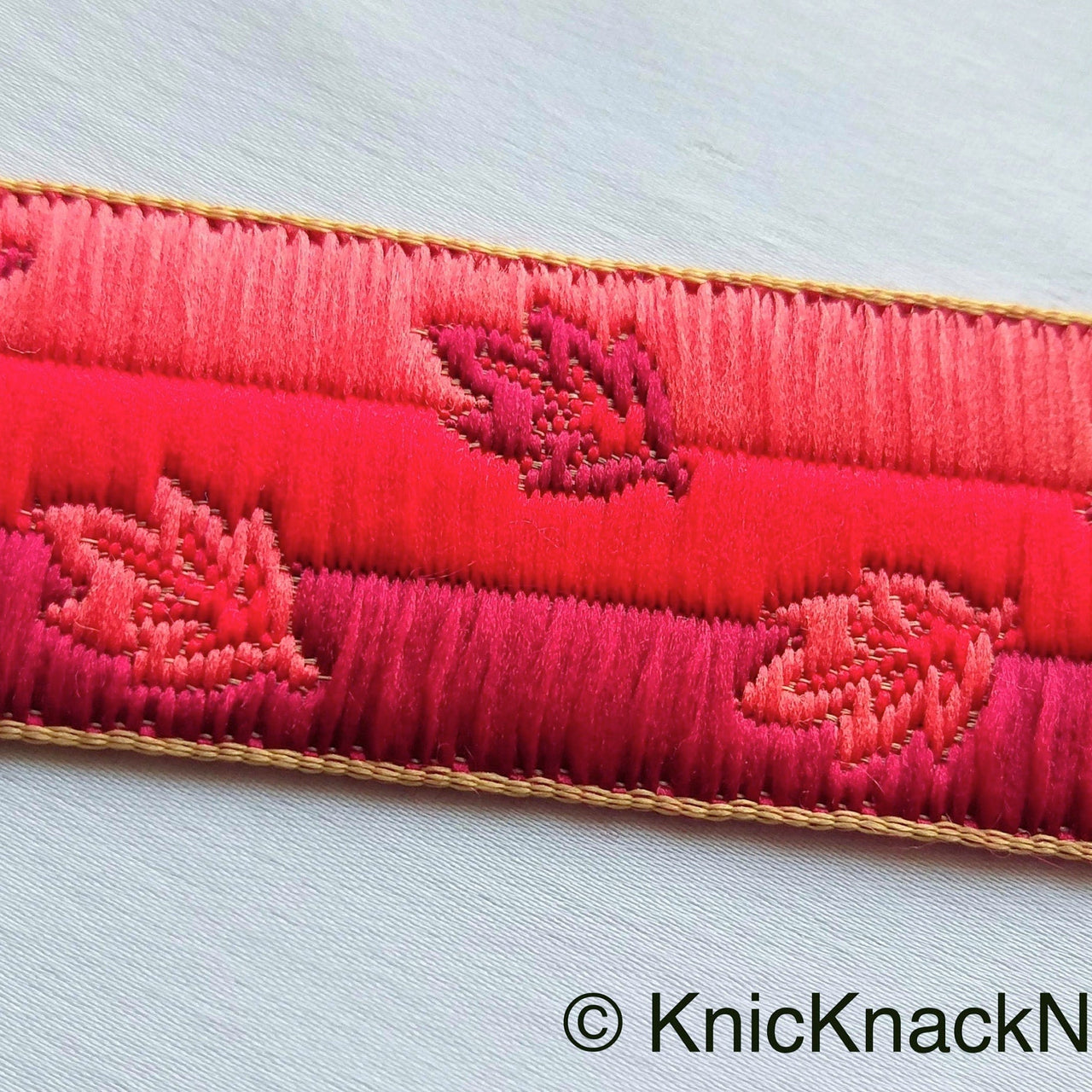 Red Embroidered Trim With Three Tones of Red Threads, Leaf Embroidery Trim, Approx. 34mm wide - 210119L43