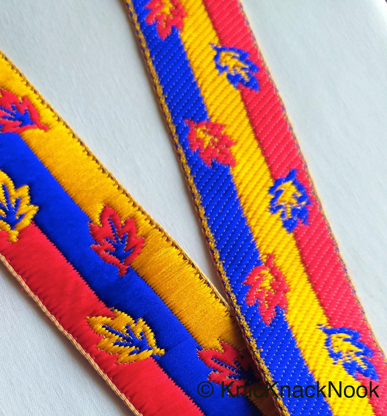 Red, Blue And Yellow Embroidered Trim, Leaf Embroidery Trim