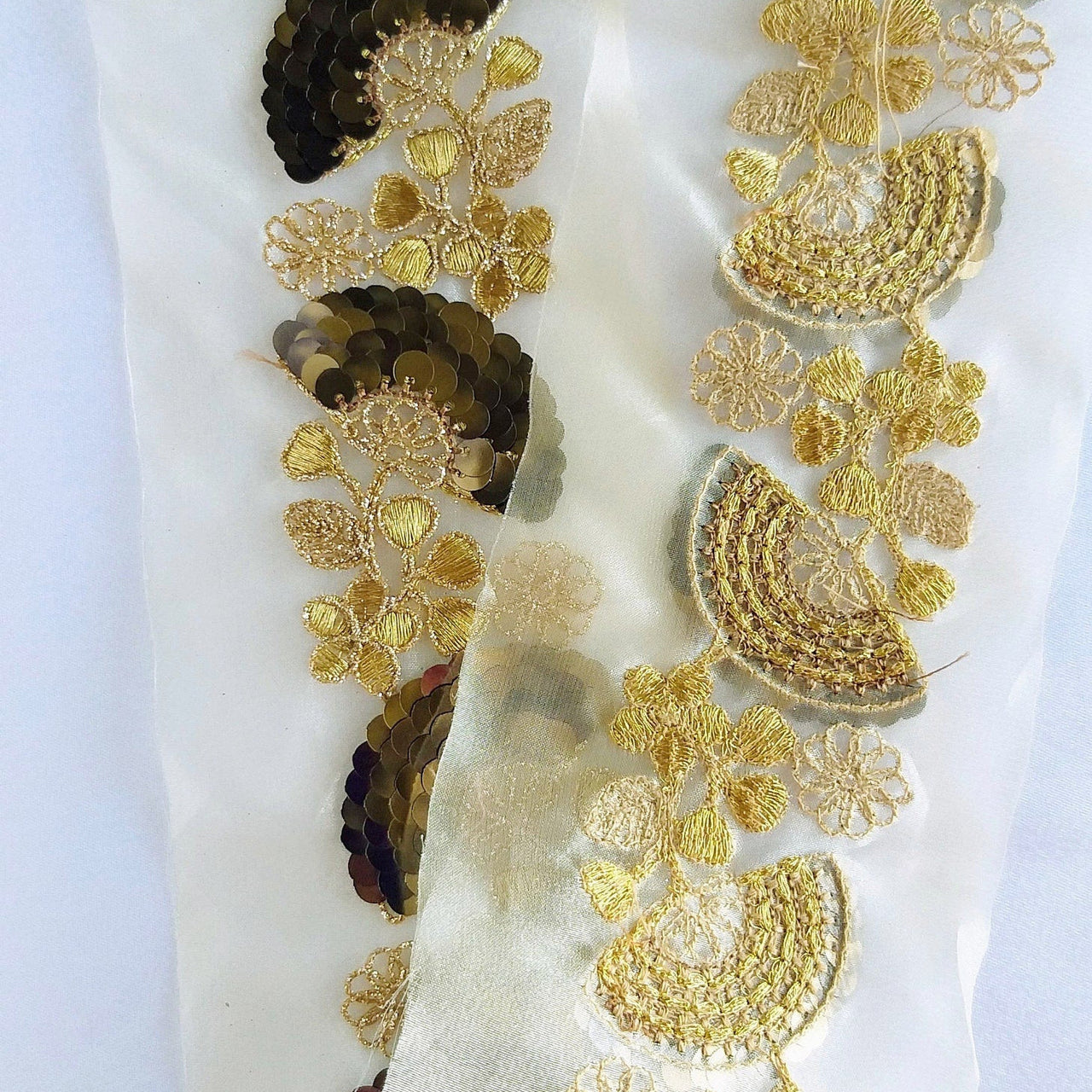 Gold Sheer Fabric Trim With Antique Gold Floral Embroidery And Metallic Sequins Embellishments, Approx. 95mm Wide - 210119L123