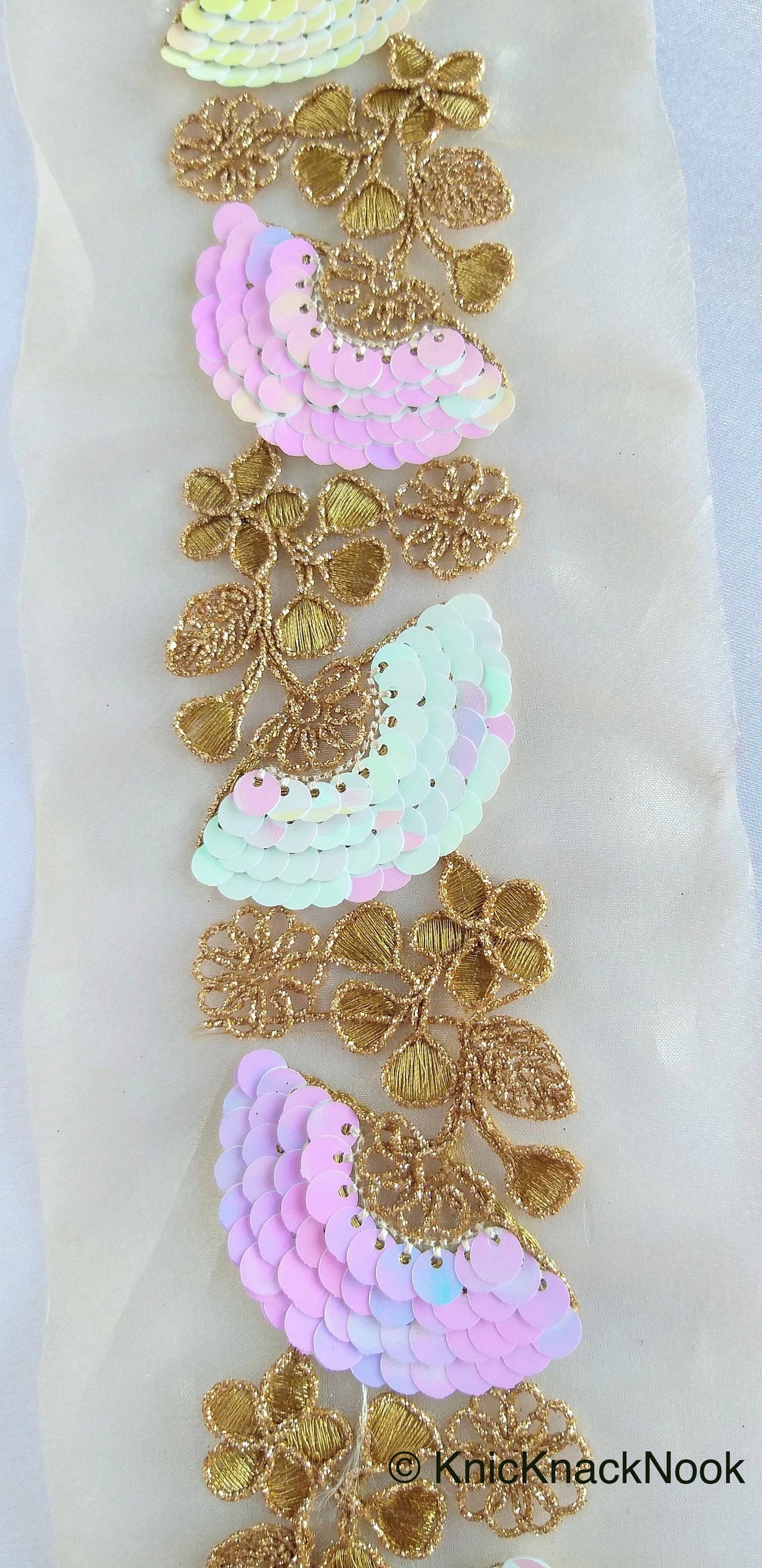 Wholesale Gold Sheer Fabric Trim With Antique Gold Floral Embroidery And Pink White Two Tone Sequins Embellishments, Sequin Border