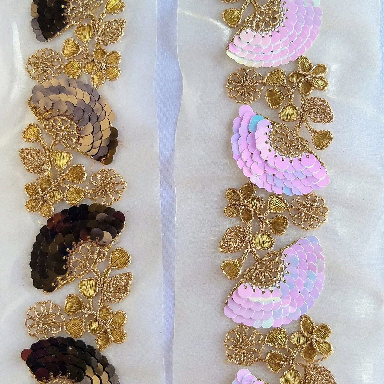 Gold Sheer Fabric Trim With Antique Gold Floral Embroidery And Pink White Two Tone Sequins Embellishments, Approx. 95mm Wide - 210119L124