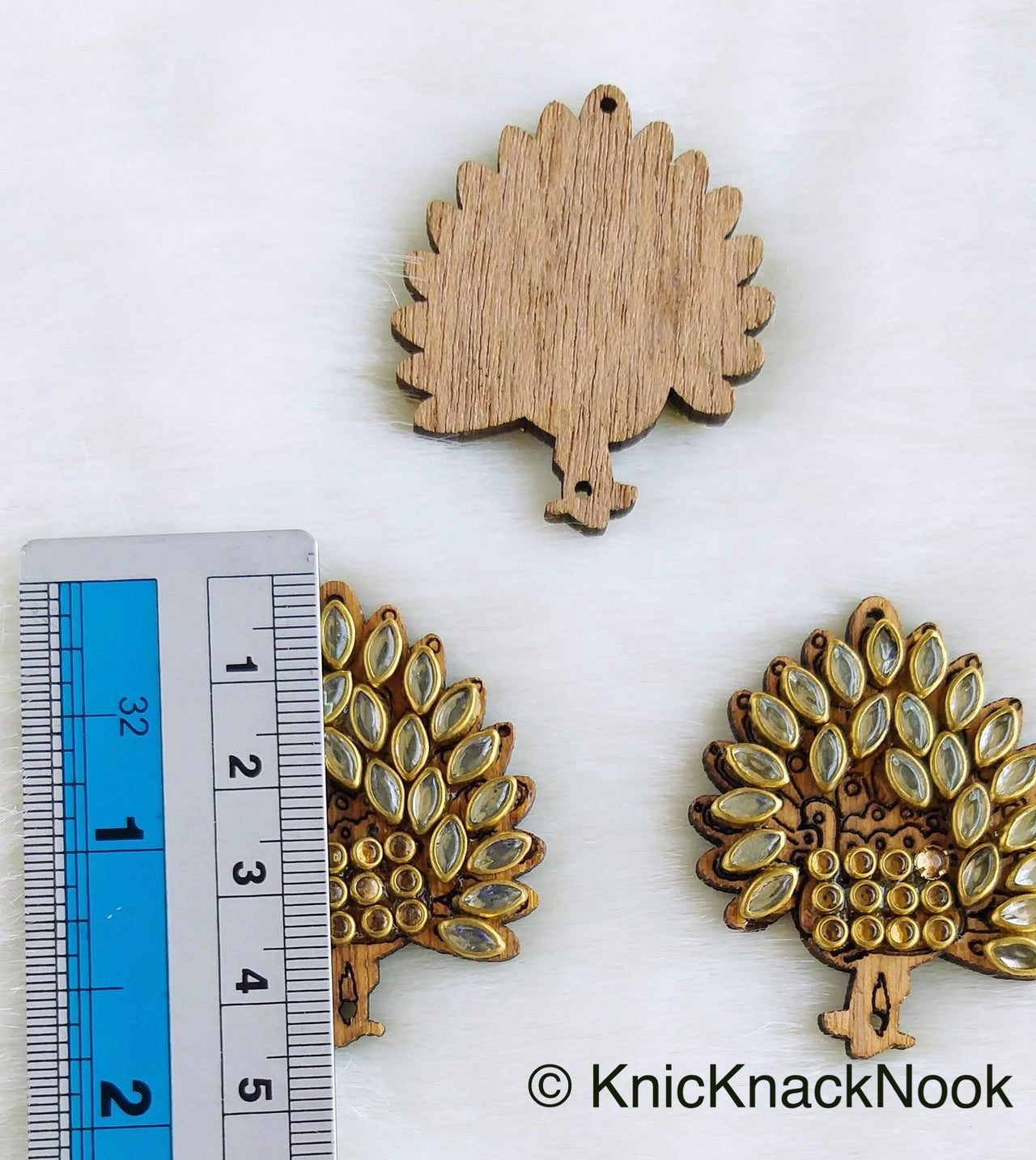 Peacock Shaped Wood Buttons With Clear Kundan Beads, Decorative Buttons, Carved Buttons
