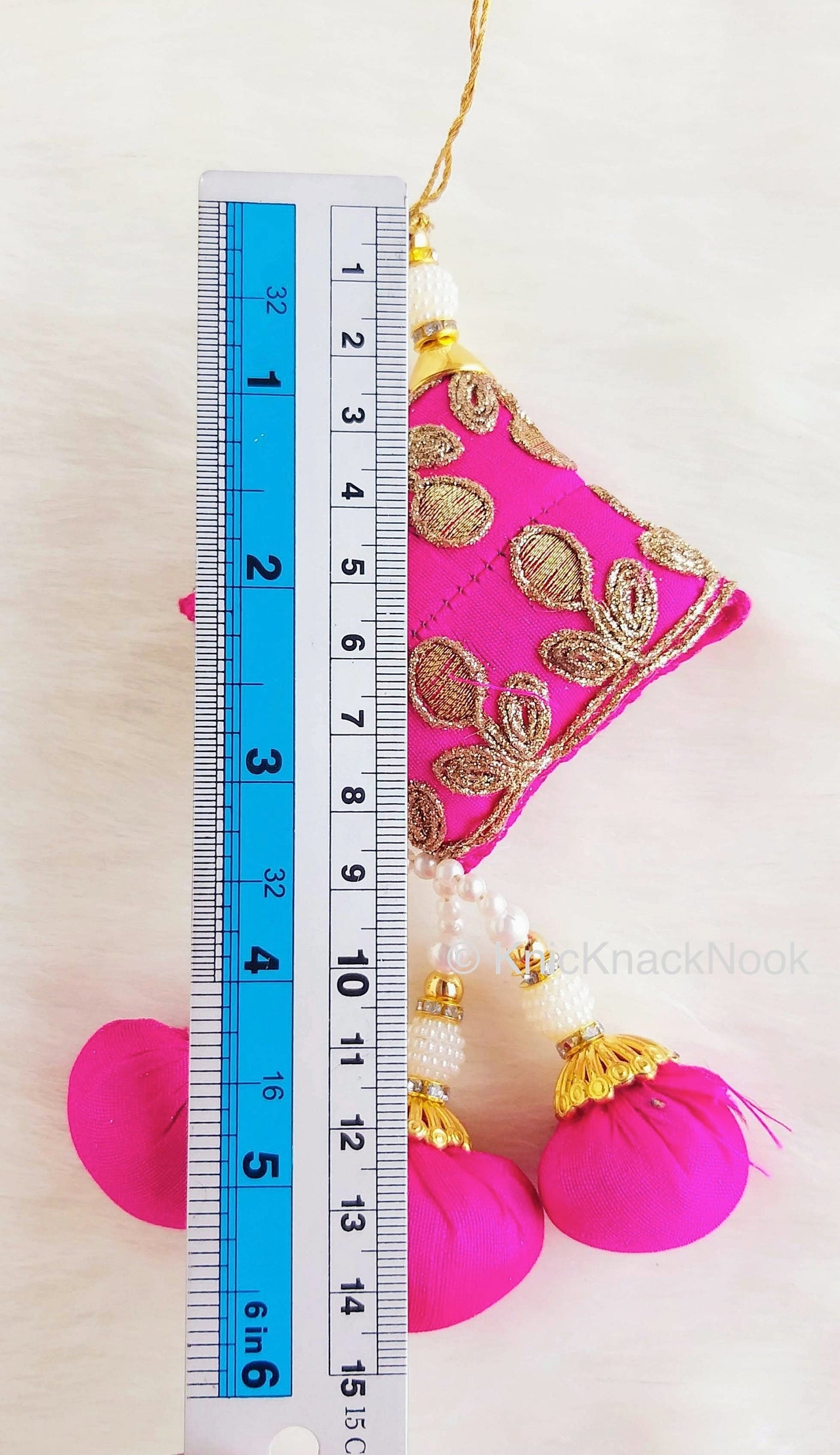 Art Silk Fabric Tassel With Antique Gold Embroidery & Beads, Latkans