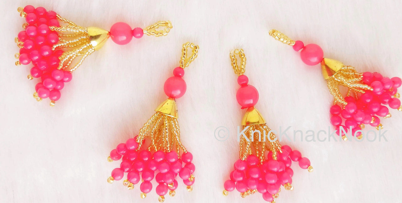 Pink and Gold Beads Tassels Latkan, Indian Latkans, Gold Beaded Danglers