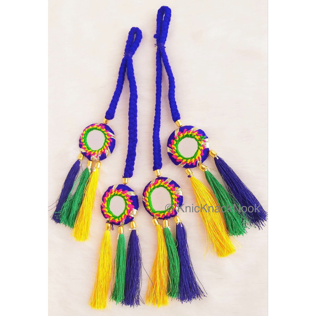 Pink / Blue Braid With Pink / Green, Yellow and Blue Tassels with Mirror Embellishments,Bohemian Tassels