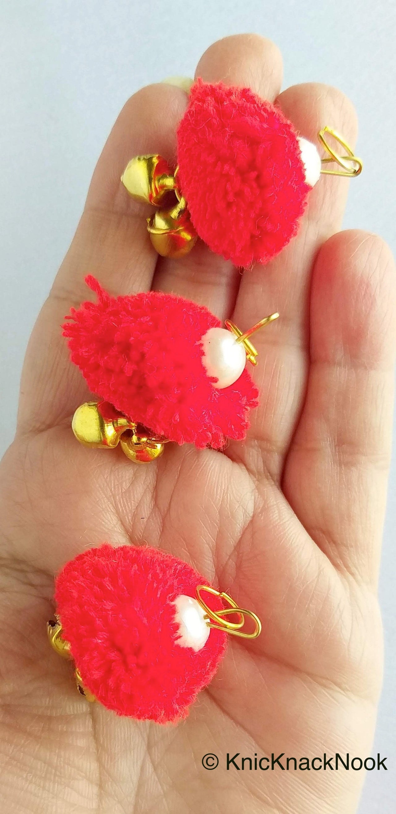 6 x Red Pom-Pom Tassel Latkan With Pearl Beads And Jingle Bell Beads, Pompom Decorations, Approx. 30mm - 210119L208